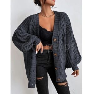 Oversized Grey Cable Knit Cardigan Long Sleeves Hip Length Buttoned